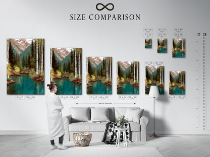 Size comparison chart in an interior setting featuring the Mountain Lake artwork. The artwork depicts a tranquil teal lake with surrounding birch trees and mountains. The chart helps visualize the artwork's dimensions in a home setting. Ideal for planning your wall decoration. Choose the perfect size for your space.