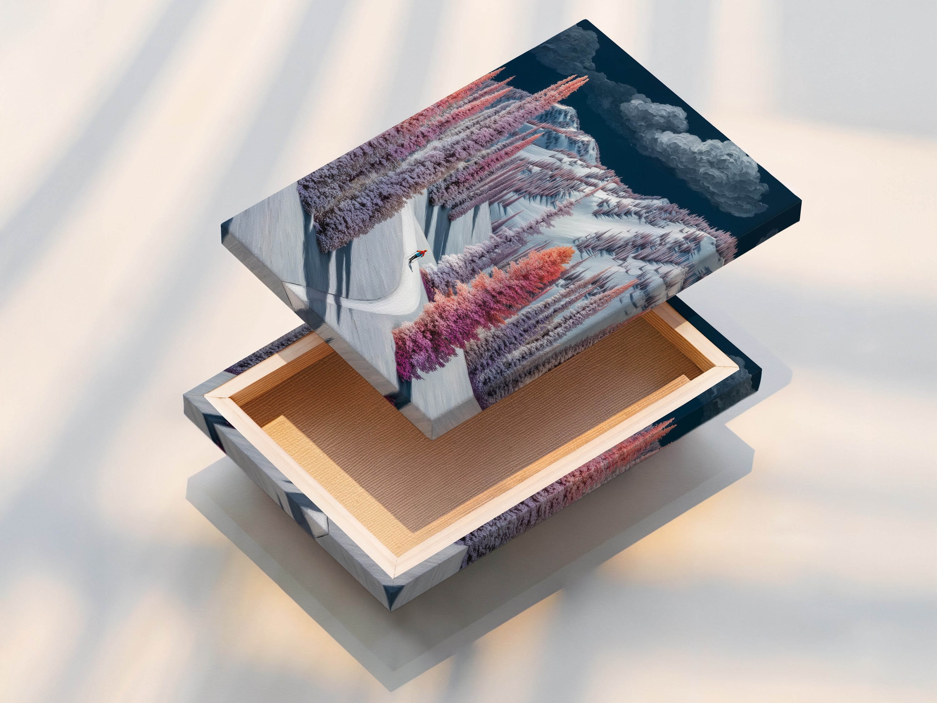 A stretched canvas print of a Winter Mountain scene. The snowy trees wall art is ready to hang. The pastel landscape painting is vibrant and detailed. This canvas print offers a gallery-wrapped look. Enhance your home with this stunning artwork