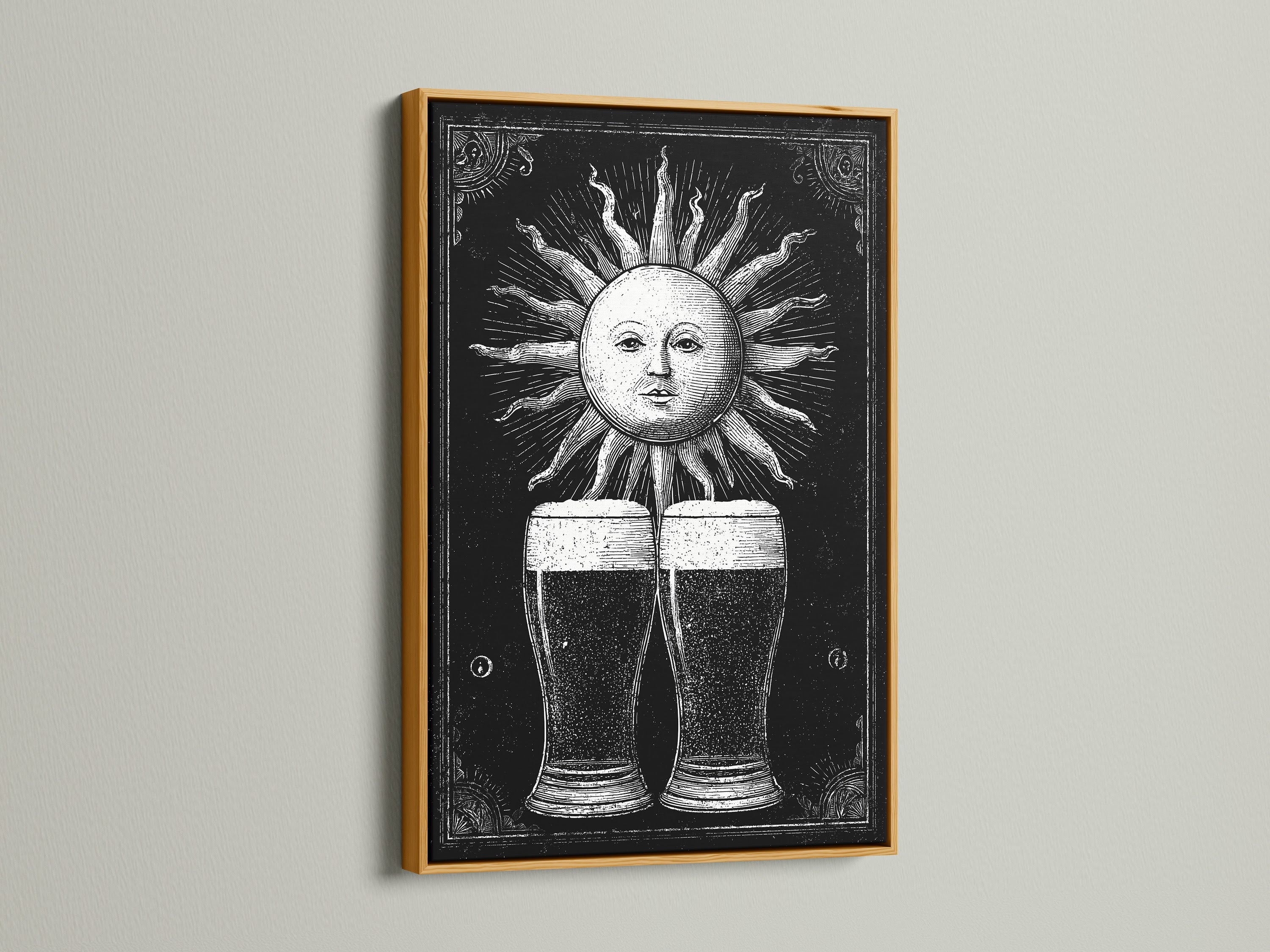 This gold frame highlights a vintage sun and beer artwork. The metallic finish adds a touch of luxury. It elevates the artwork's vintage aesthetic. This framed art is perfect for adding glamour to any room. The gold frame complements the black and white art beautifully. It brings a regal feel to your space.