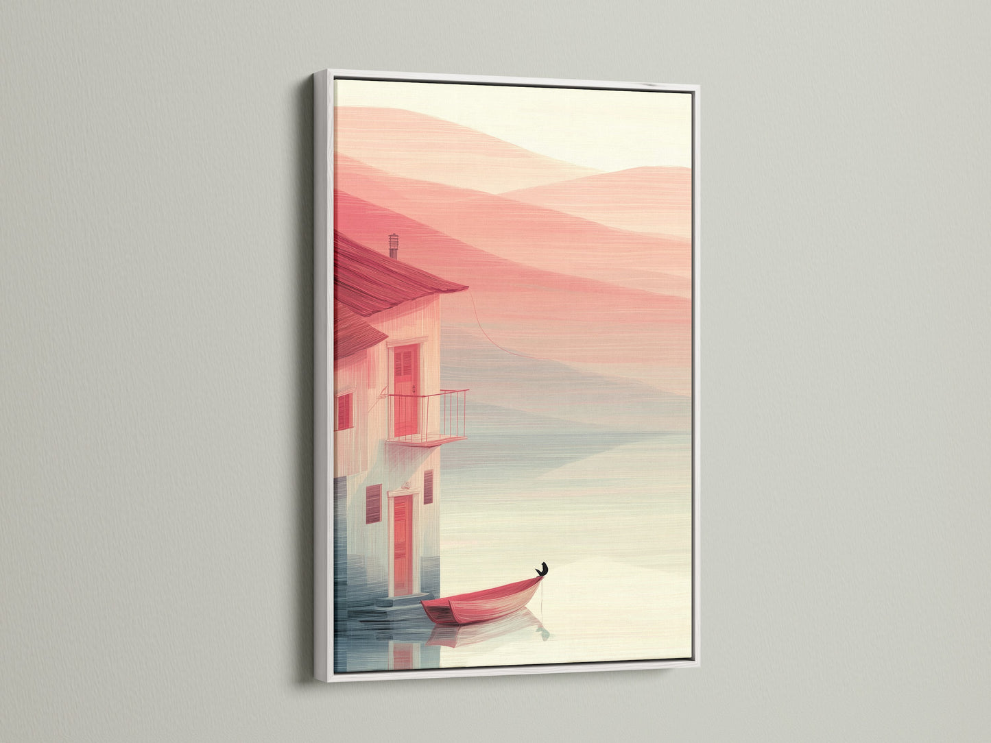 A white frame enhances this coastal house canvas artwork with a red boat. The minimalist seascape print is perfect for coastal home decor. This entryway art adds a touch of serenity. Ideal for living rooms bedrooms and offices. The quiet harbor art complements minimalist and Scandinavian interiors. Discover nautical wall art.
