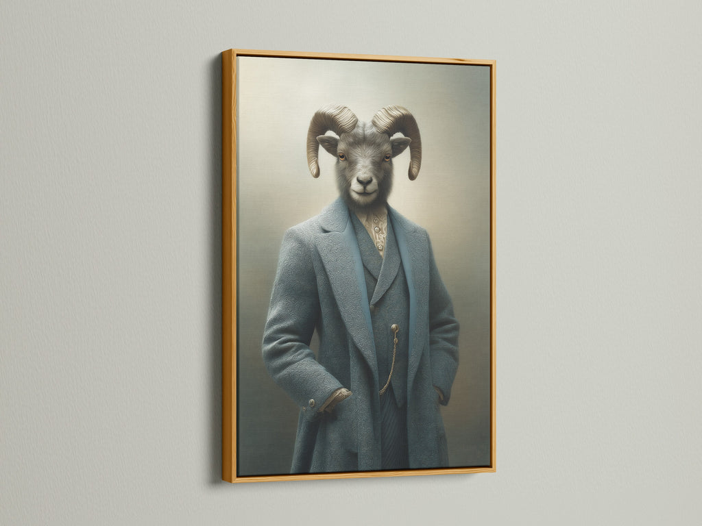 Ram Portrait canvas print in a gold frame. This artwork is ideal for those seeking unique and sophisticated wall decor. This gentleman portrait wall art fits vintage eclectic or office styles. It is a great conversation starter.