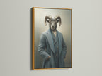 Ram Portrait canvas print in a gold frame. This artwork is ideal for those seeking unique and sophisticated wall decor. This gentleman portrait wall art fits vintage eclectic or office styles. It is a great conversation starter.