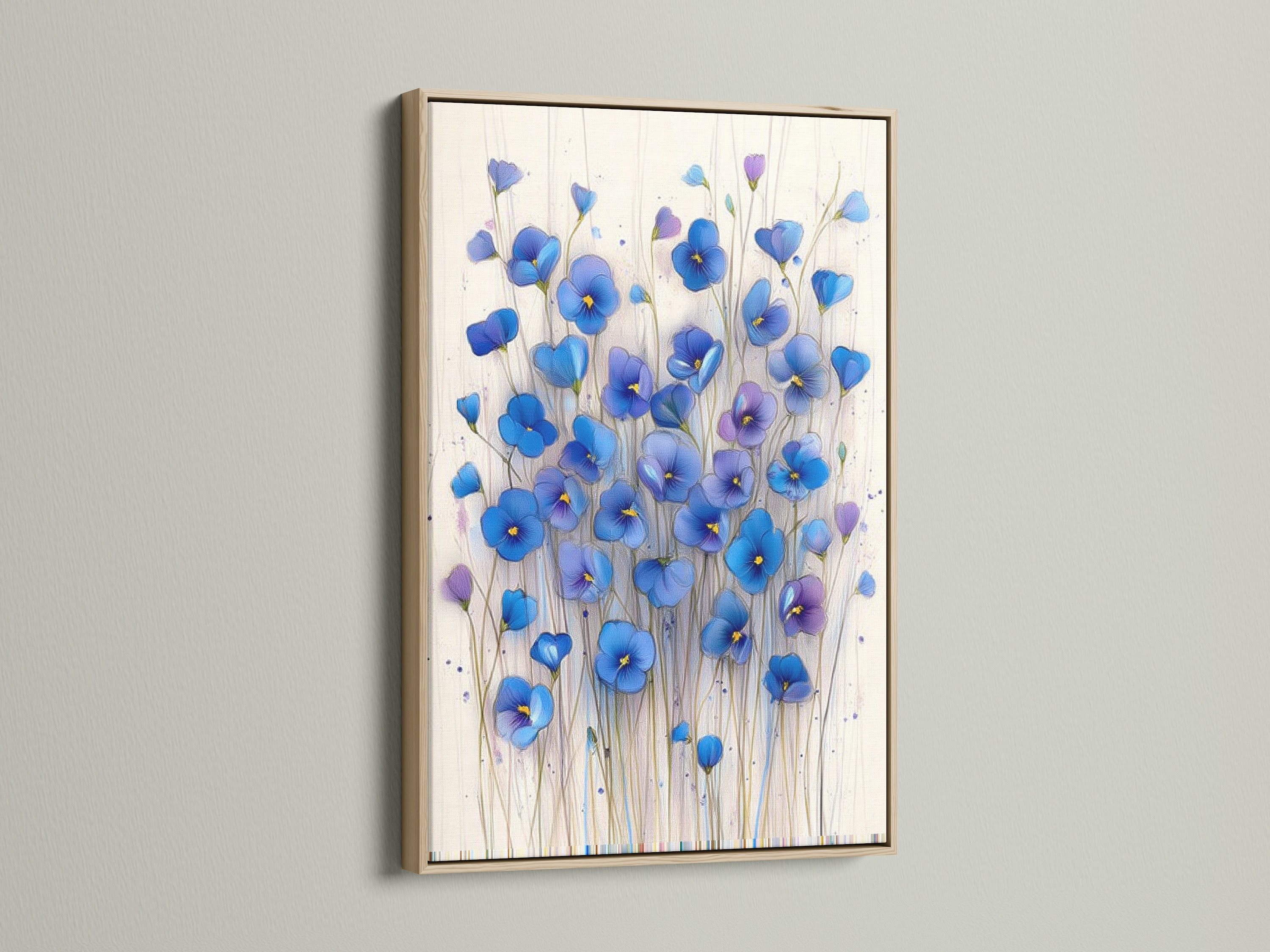 Modern blue flower print displayed in an oak frame. The botanical art enhances any room with its teal and indigo hues. Ideal bedroom wall art for a fresh spring decor. Find your flower artwork today.