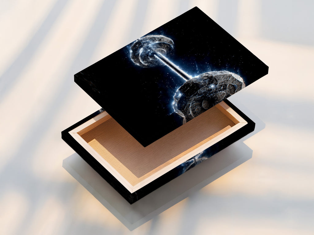 A stretched canvas print of Cosmic Collision is displayed. The artwork is ready to hang and enjoy. High quality materials ensure long lasting beauty. Perfect for modern contemporary and minimalist interiors. Transform your space with space art.