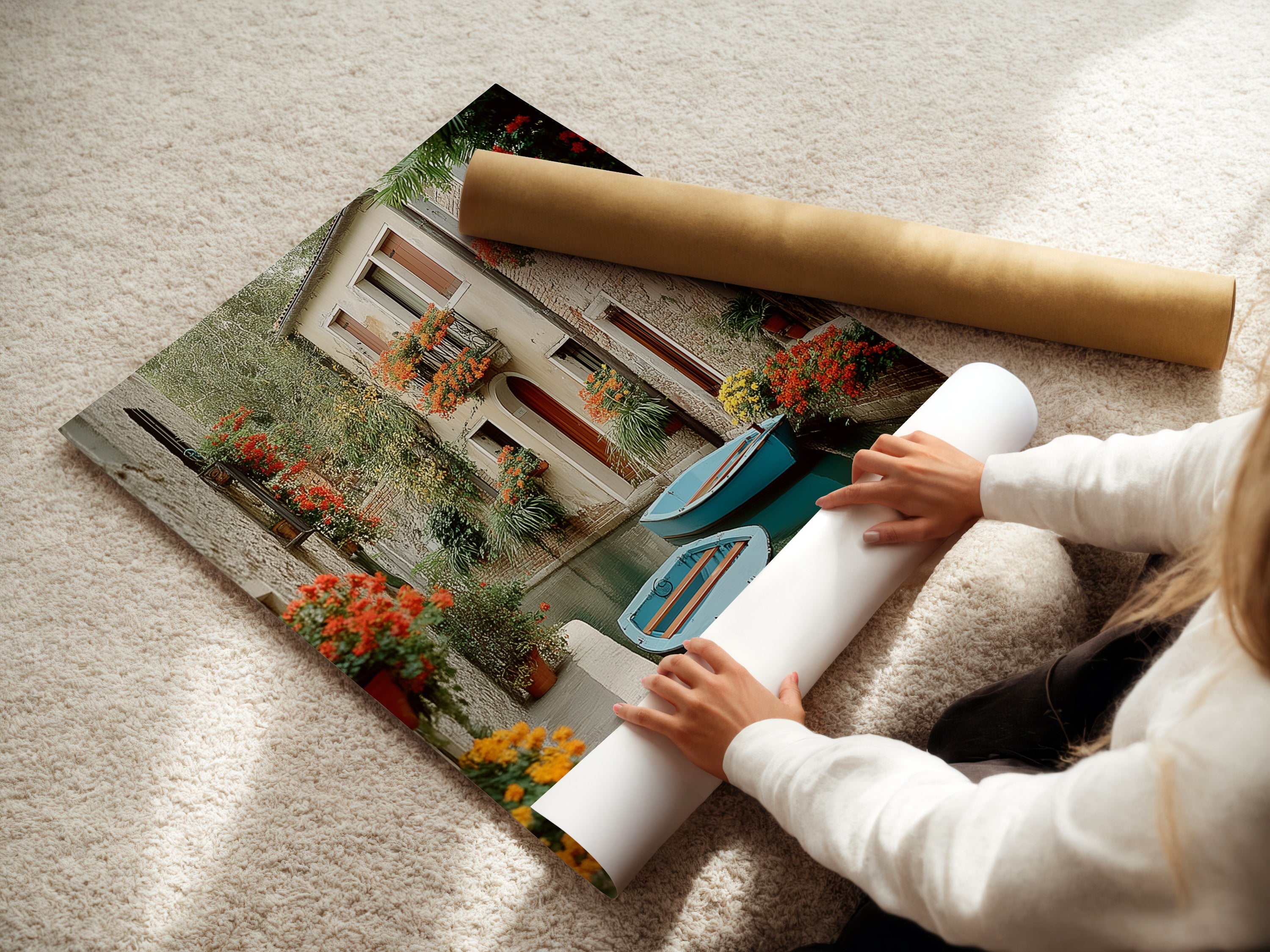 A woman carefully rolls a fine art poster paper of the Venice Canal. This vintage European scenery is ready to be framed. Ideal for creating custom wall art. Perfect for travel art enthusiasts.