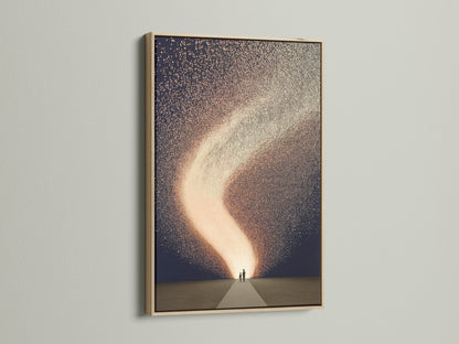Celestial canvas print displayed in an oak frame. This cosmic wall art brings a modern touch to any space. The abstract family artwork is perfect for living rooms or kids rooms. The sparkle canvas adds a dreamy element to your wall decor. Elevate your home with this stylish art print.