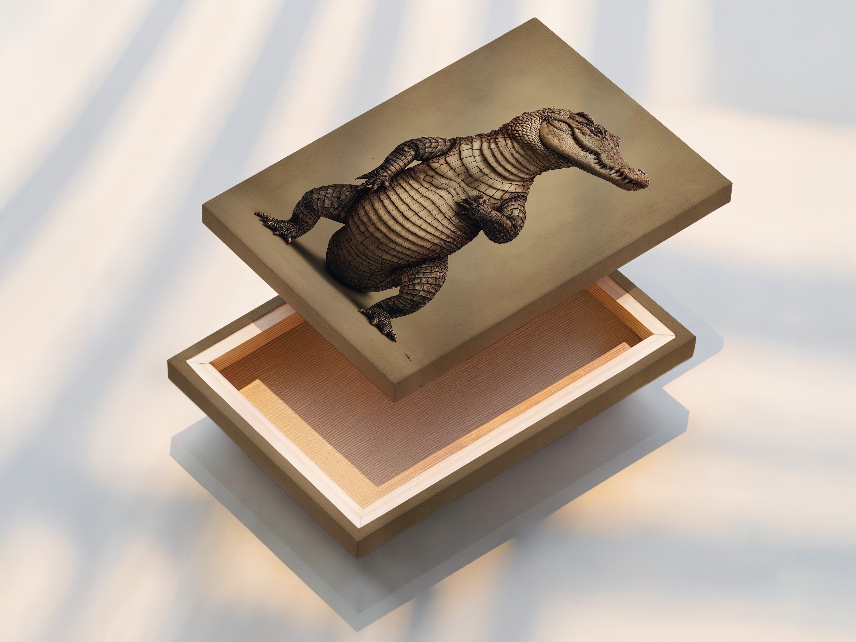 This is our stretched canvas print of the alligator artwork. The sepia wildlife poster is ready to hang. The vintage animal art adds a rustic touch. This is a perfect piece for man cave decor. Enhance your space with this unique canvas.