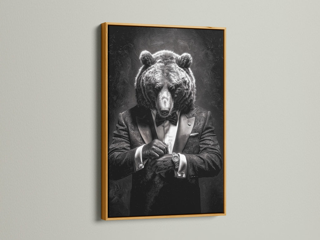 A stunning artwork of a bear in a tuxedo is presented in a luxurious gold frame. The artwork is displayed on a wall. The gold frame brings a touch of glamour and opulence. It enhances the art's visual appeal. Discover our range of gold framed art to elevate your interior decor with a touch of luxury.