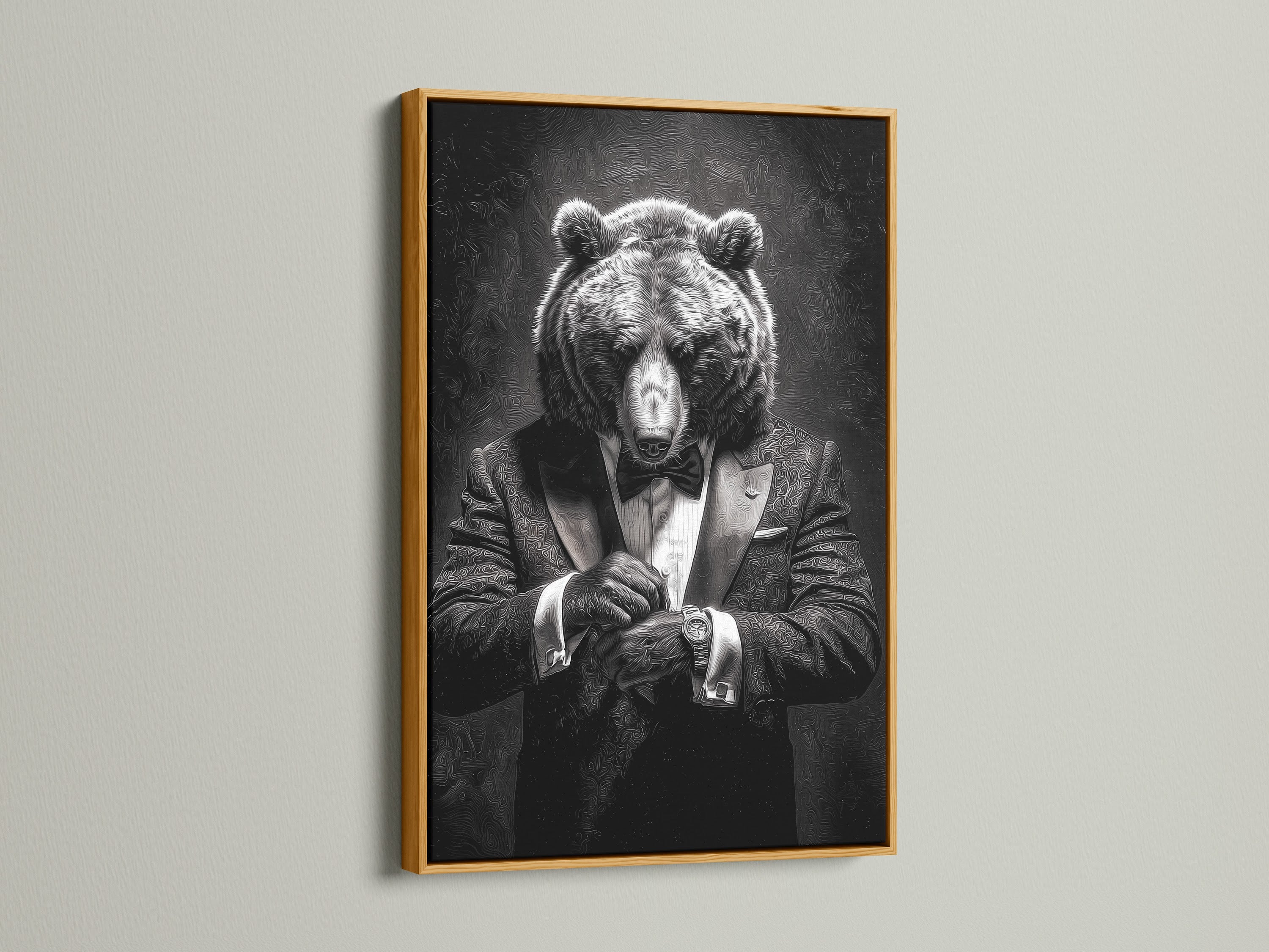 A stunning artwork of a bear in a tuxedo is presented in a luxurious gold frame. The artwork is displayed on a wall. The gold frame brings a touch of glamour and opulence. It enhances the art's visual appeal. Discover our range of gold framed art to elevate your interior decor with a touch of luxury.