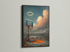 This coastal basketball artwork is displayed in a black frame. It offers a sleek and sophisticated aesthetic. Ideal for a man cave or office wall. The black frame enhances the moody decor. A stylish gift for any sports lover. Elevate your space with this black framed artwork.
