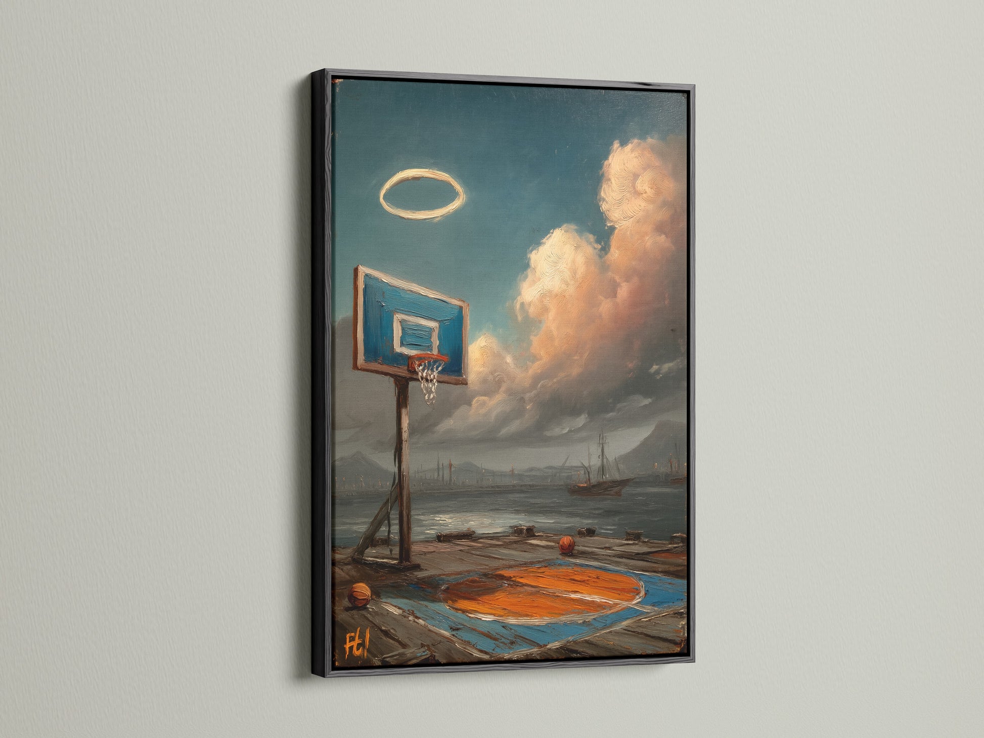 This coastal basketball artwork is displayed in a black frame. It offers a sleek and sophisticated aesthetic. Ideal for a man cave or office wall. The black frame enhances the moody decor. A stylish gift for any sports lover. Elevate your space with this black framed artwork.