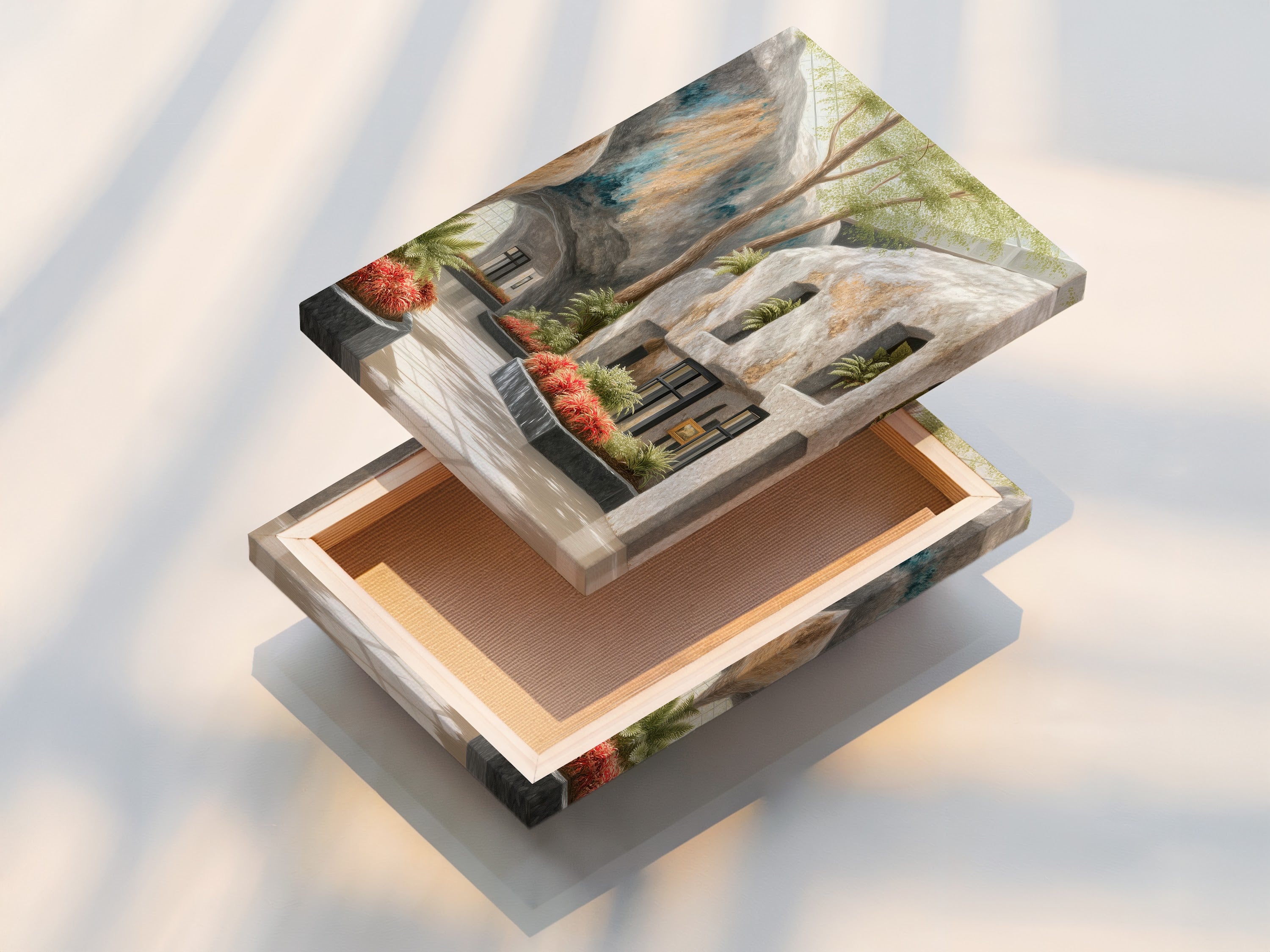 This is a stretched canvas print showcasing the Architectural Atrium artwork. The botanical garden wall art is ready to hang. The stretched canvas offers a gallery like appearance. The modern print enhances any office decor. Enjoy the peaceful vibe of this architectural canvas.
