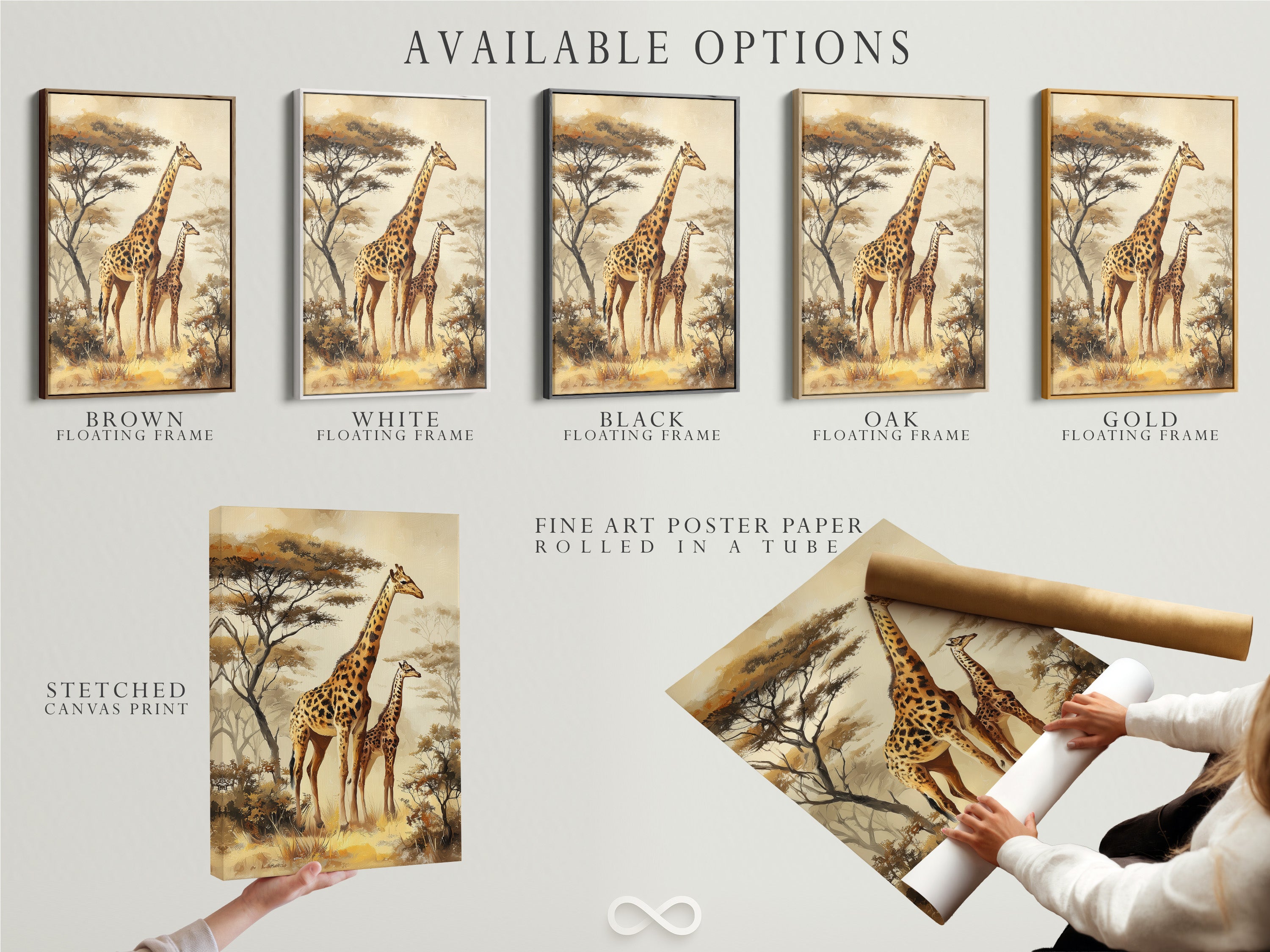 Available artwork options image. Available options include a stretched canvas print. Also available is fine art poster paper. A floating frame option is available. Choose the perfect option to suit your decor style. Find the perfect print to suit your home.