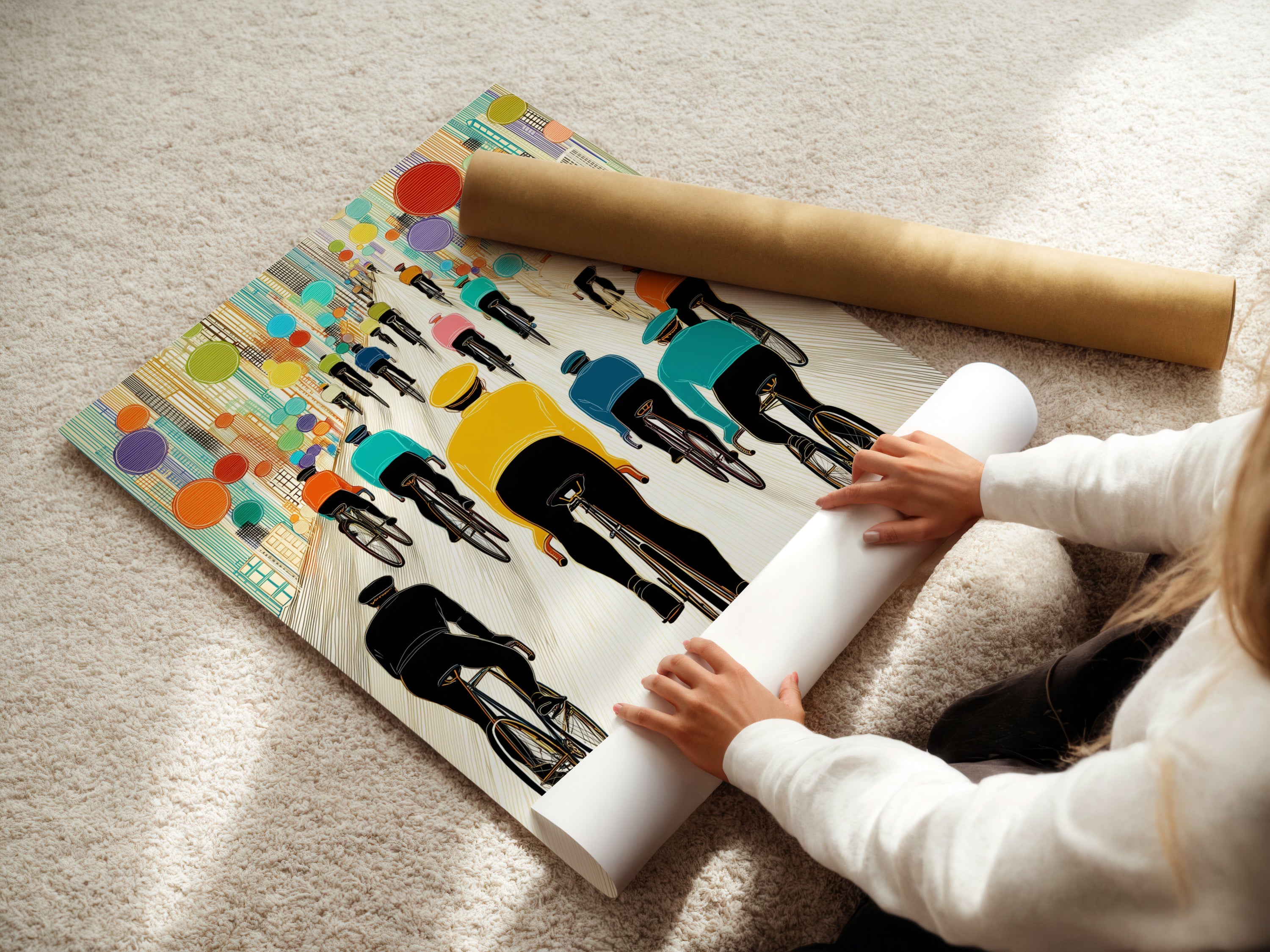 A woman is carefully rolling a fine art poster paper. The Bicycle Race artwork is ready for display. This high-quality print captures every detail. Perfect for art enthusiasts and collectors.