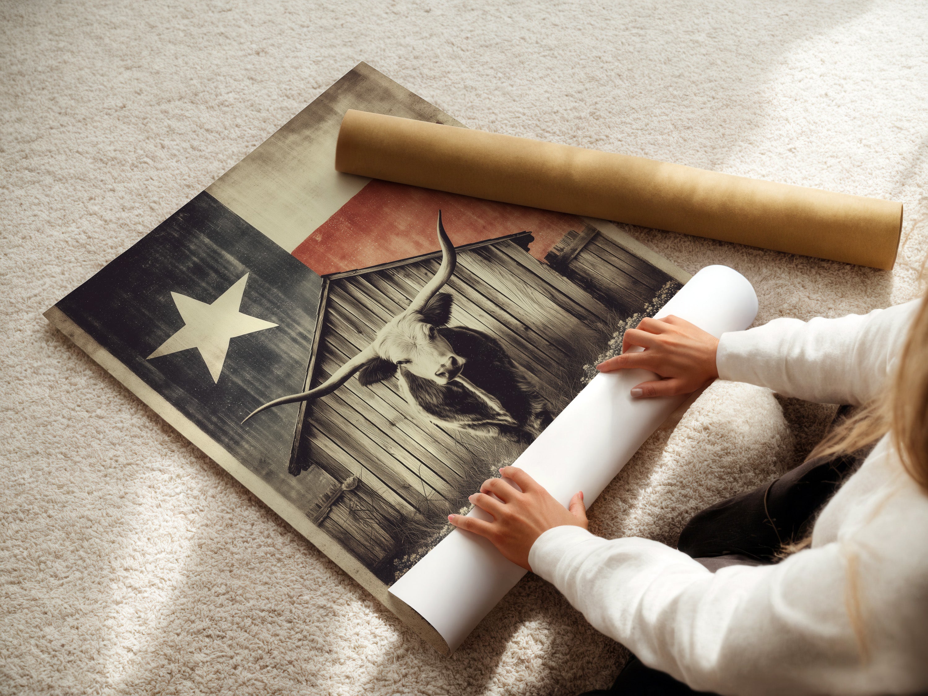 A woman is carefully rolling a fine art poster paper print. The print showcases Texas Longhorn art. This print is perfect for creating rustic farm wall art. This brings vintage western decor to your office or home. Get yours today