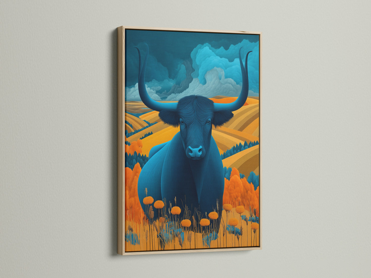 Majestic Bull canvas art in an oak frame enhances the artwork's natural tones. This modern farmhouse piece brings a touch of rustic elegance. The teal and amber hues create a calming yet striking focal point. It is ideal for living rooms or offices.
