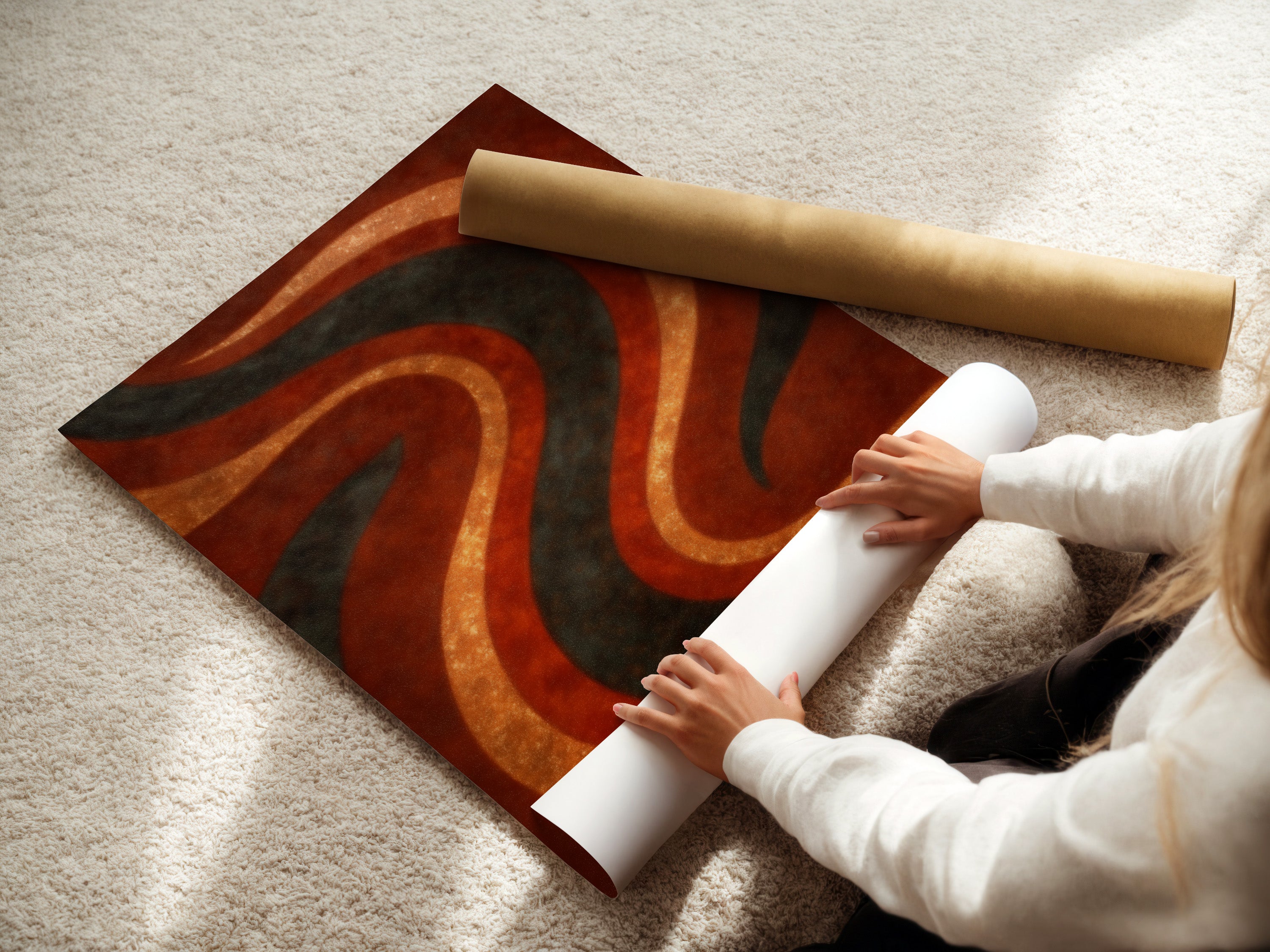 A woman is carefully rolling a fine art poster paper. The poster features an abstract wave artwork. The earthy rust orange and sage green tones evoke a retro 70s vibe. Great for adding a bohemian touch to your interior decor.