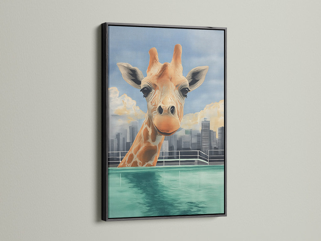A stylish giraffe skyline artwork is elegantly framed in black. This unique wall decor adds a sophisticated yet playful element to your home. Ideal for a modern living room or creative office.
