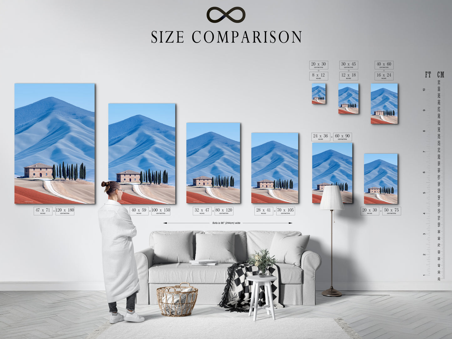 Size comparison chart in an interior setting featuring a Tuscany landscape artwork. This Italian countryside wall art is available in various sizes. Choose the perfect farmhouse print to suit your space. The chart helps visualize the ideal fit for your home.
