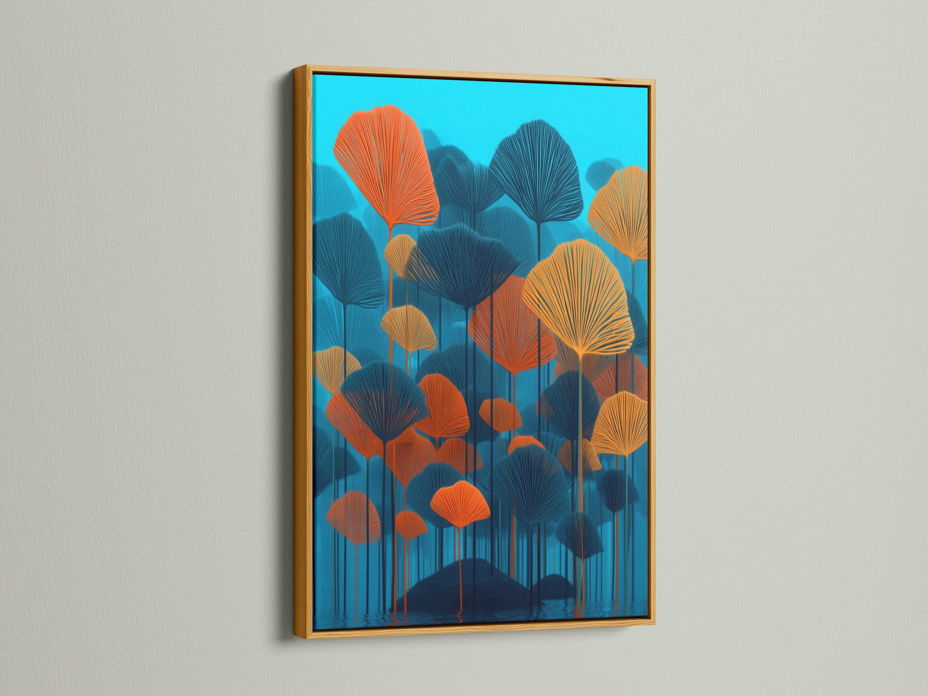 Botanical canvas print with teal and orange abstract artwork in a gold frame. The artwork offers a touch of elegance and modern flair. Ideal for enhancing living rooms bedrooms and offices. This scandi-inspired piece brings a refined contemporary touch to your space.