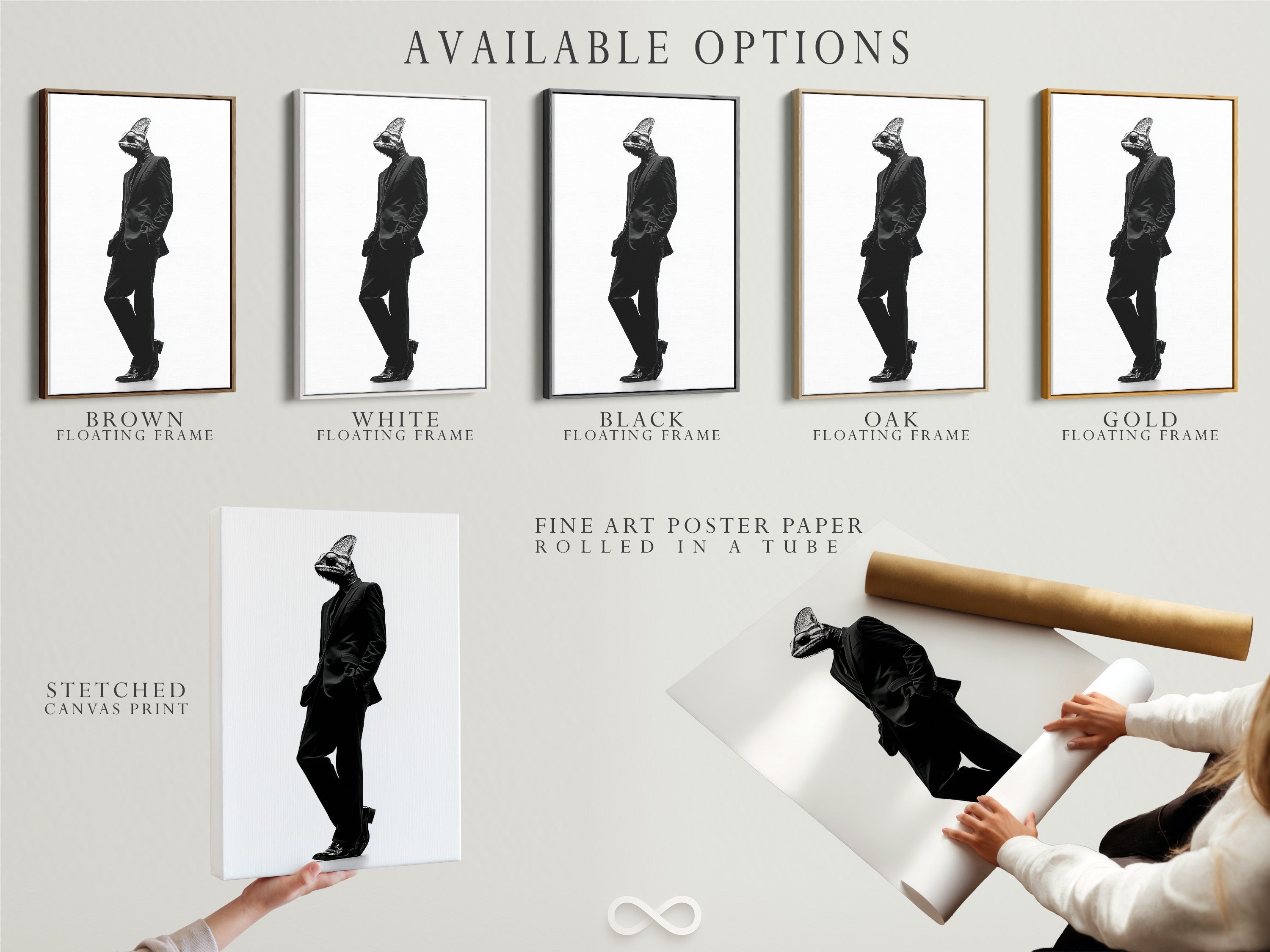 Explore our available options: stretched canvas print fine art poster paper and floating frame. Choose the best format for your art. Each option offers a unique look. Customize your artwork to match your style. Discover the possibilities today.