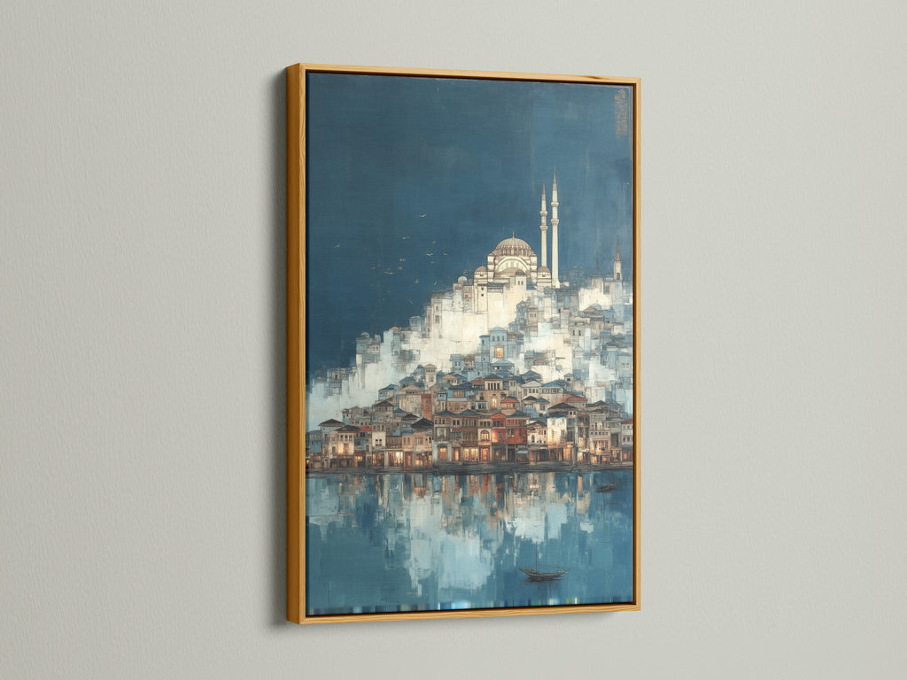 Istanbul Cityscape artwork in a gold frame. The gold frame elevates the cultural artwork. The waterfront art brings the beauty of Istanbul to your walls. Perfect for adding a touch of elegance to your decor.