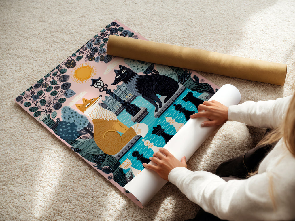 A woman carefully rolls a fine art poster paper featuring a fox and wolf. The whimsical chess art and pink pastel colors make it perfect for kids room decor. This fable artwork is a cute contemporary addition. Ideal for animal art lovers looking for storybook illustrations. Enhance your nursery wall art collection.
