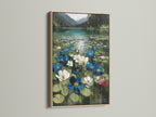 Floral Lake canvas artwork featuring an oak frame. The oak frame enhances the nature canvas. The frame adds warmth and rustic charm to the serene landscape art.