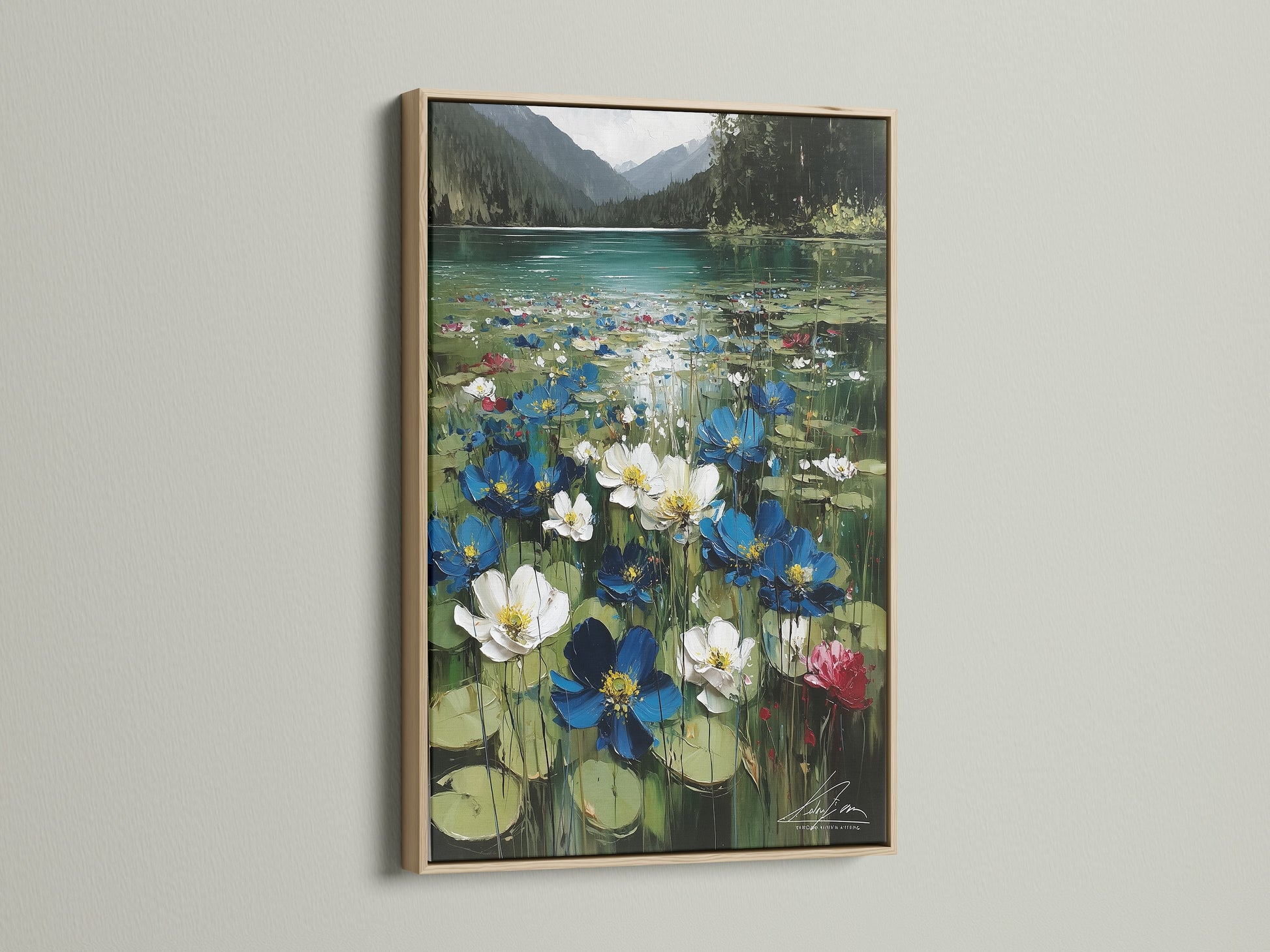 Floral Lake canvas artwork featuring an oak frame. The oak frame enhances the nature canvas. The frame adds warmth and rustic charm to the serene landscape art.