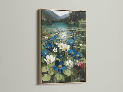 Floral Lake canvas artwork featuring an oak frame. The oak frame enhances the nature canvas. The frame adds warmth and rustic charm to the serene landscape art.