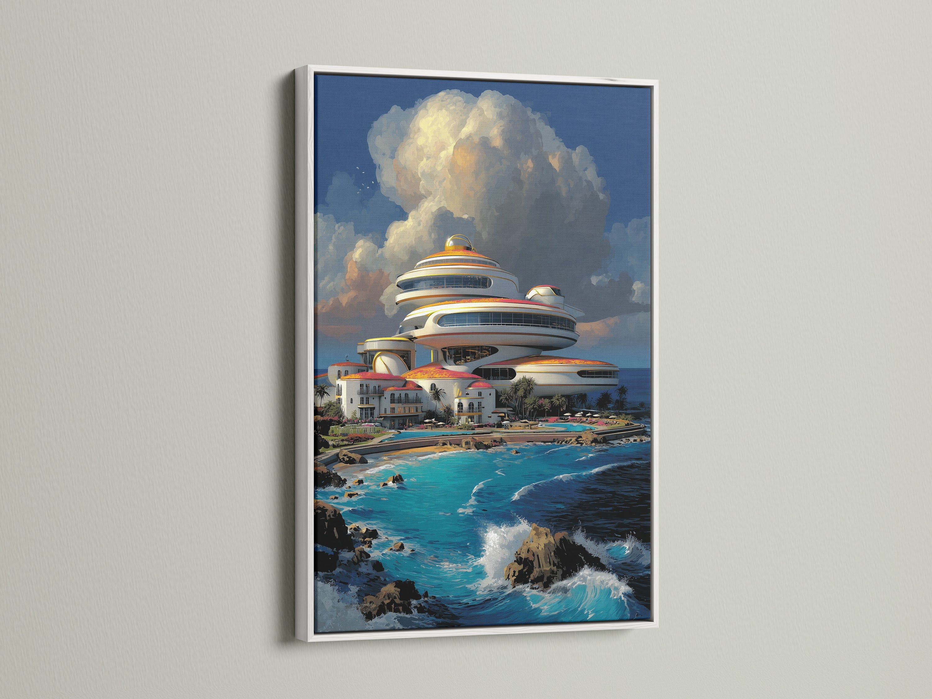 Modern coastal art in a white frame. This futuristic architecture canvas print is perfect for contemporary decor. It's suitable for homeowners renters interior designers and business owners. Ideal for living room wall art bedroom wall decor or home office art.