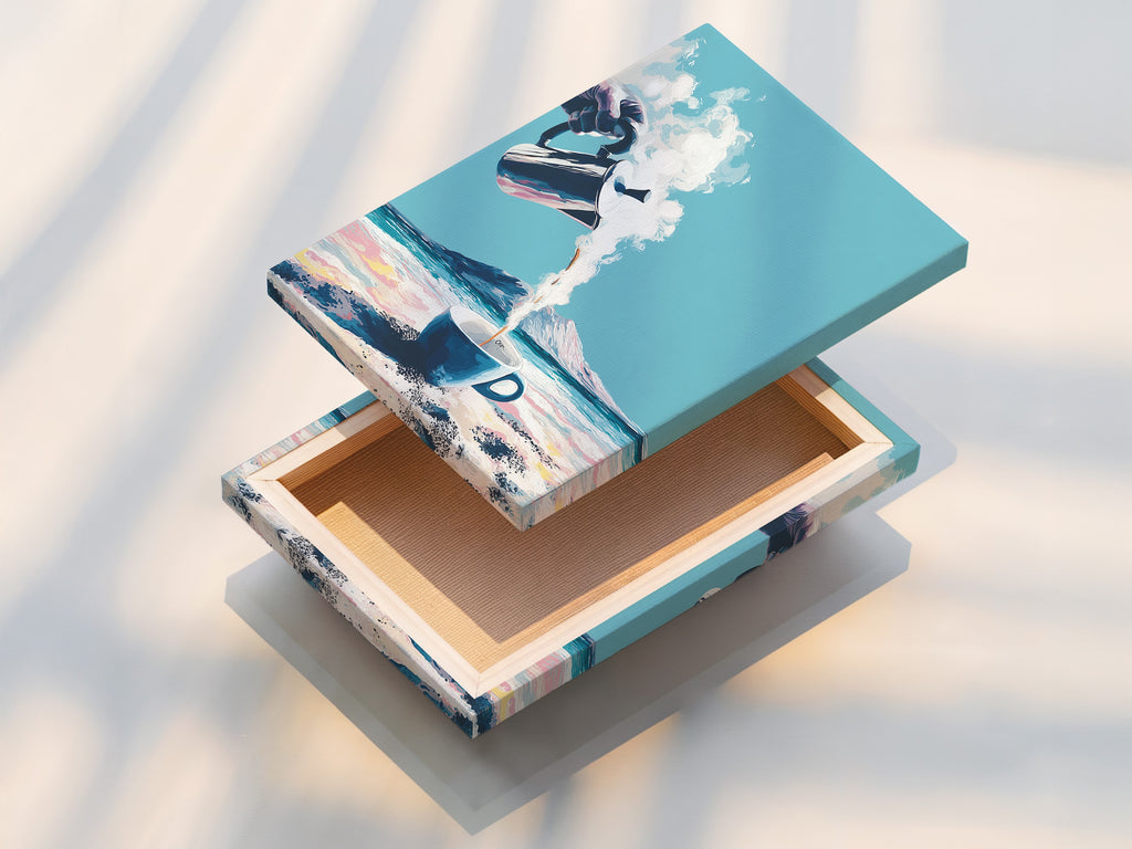 Stretched canvas print of the Coastal Coffee artwork. Ready to hang and enjoy. This piece brings a modern touch to any room. Ideal for living rooms and coffee shops. A vibrant addition to your wall decor.