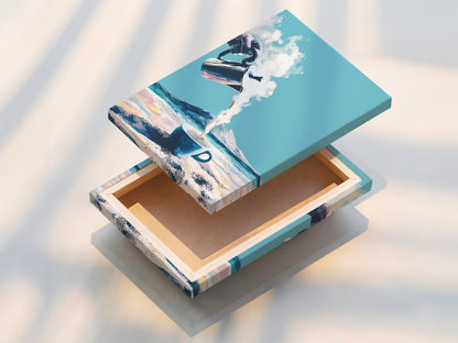 Stretched canvas print of the Coastal Coffee artwork. Ready to hang and enjoy. This piece brings a modern touch to any room. Ideal for living rooms and coffee shops. A vibrant addition to your wall decor.