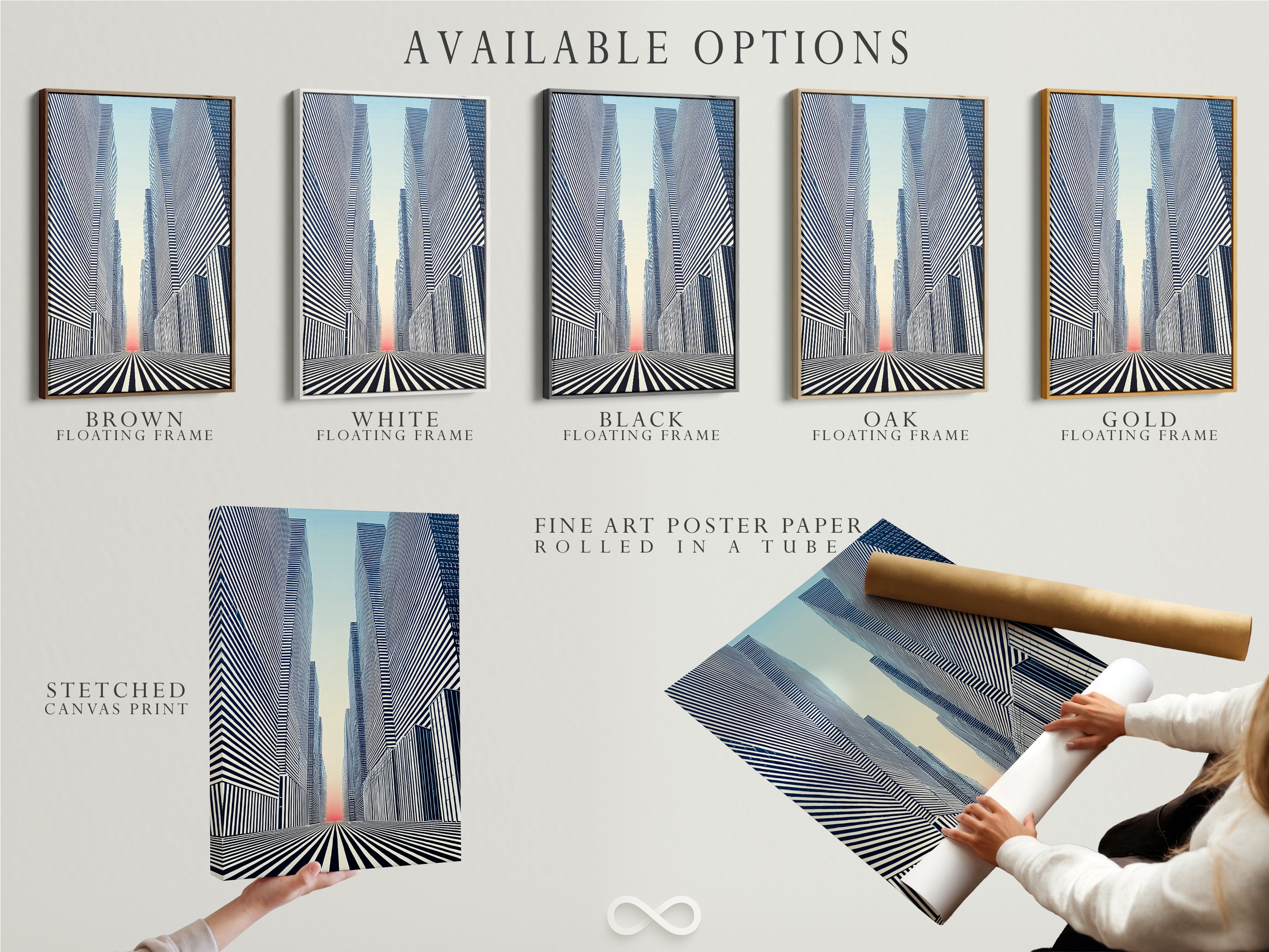 Explore available options for the Cityscape Optical Illusion artwork. Choose from a stretched canvas print fine art poster paper or floating frame. This modern black and white art enhances any space. Find the perfect urban and geometric wall decor for your office or home.