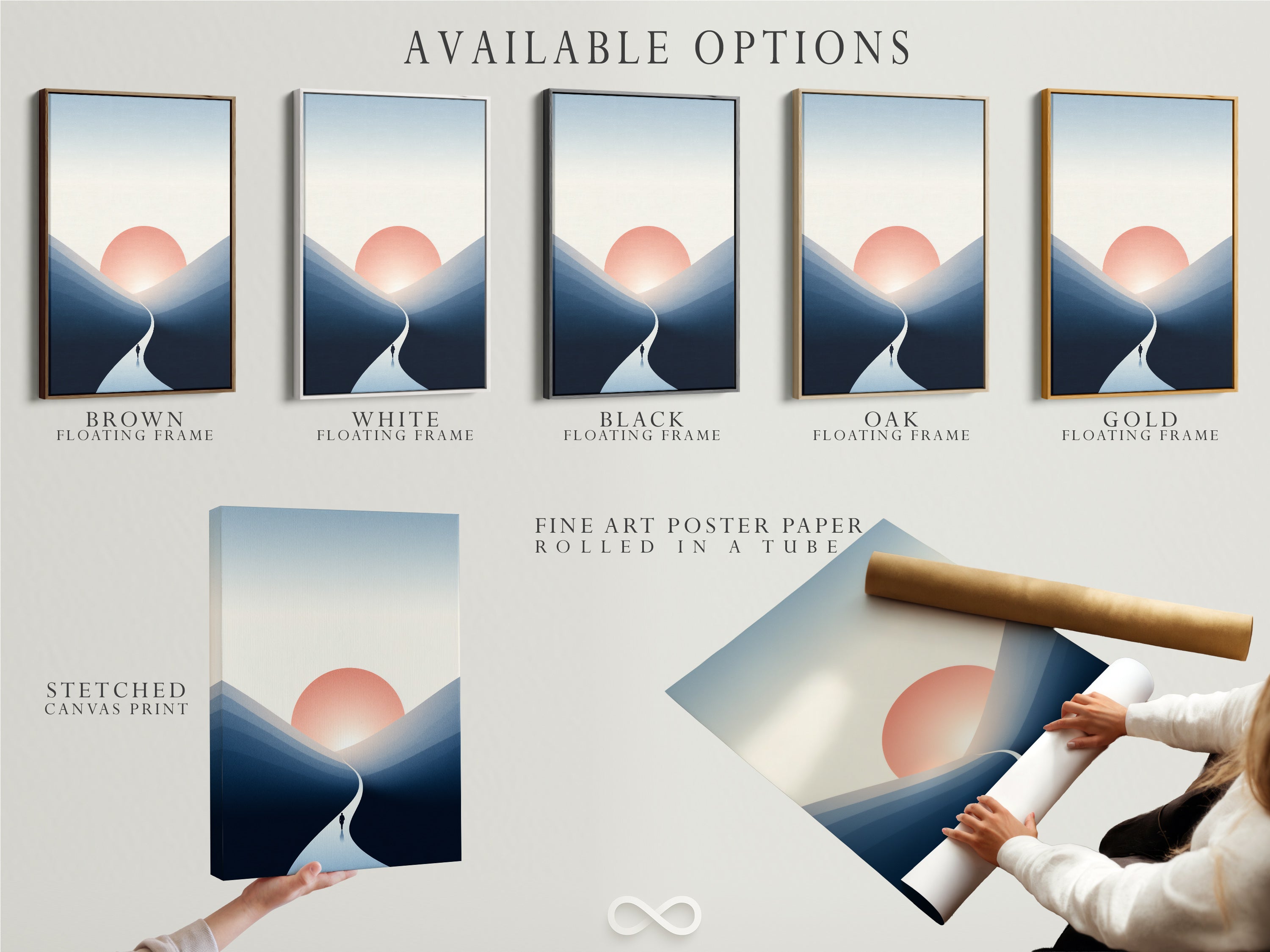 Available options for the Sunset Silhouette artwork are presented. Choose from a stretched canvas print fine art poster paper or floating frame. This minimalist mountain wall art offers versatile display options. Customize the coastal sunrise artwork to match your style. Enhance your space with this serene and modern artwork.