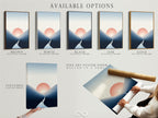 Available options for the Sunrise Mountain artwork. Choose between a stretched canvas print fine art poster paper or a floating frame. Customize your minimalist landscape to match your style. Enjoy serene artwork in your home.