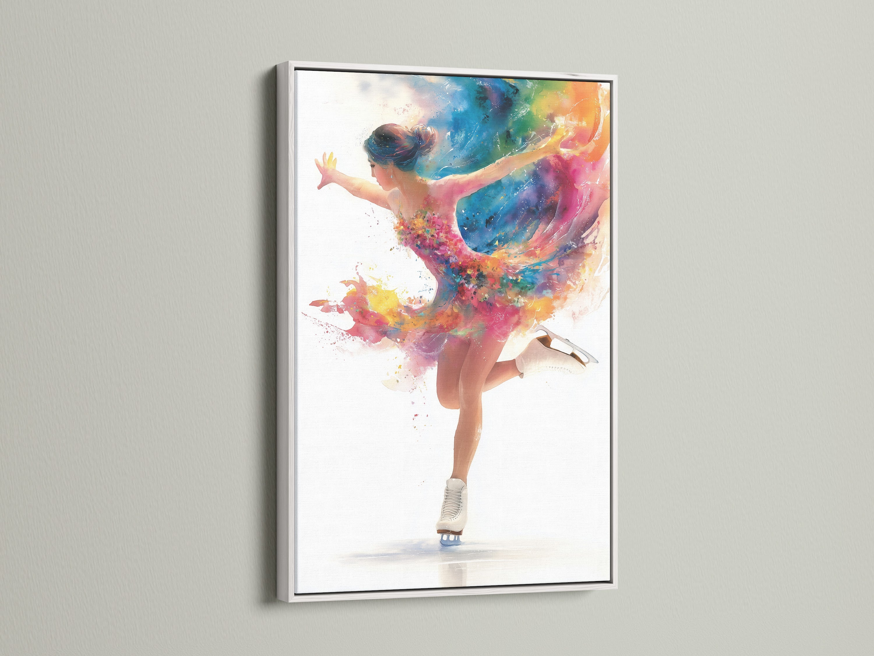 Dancing girl art looks elegant in a white frame. This watercolor motion print adds a splash of color to dance studio decor. It is perfect for a sports-themed space or home gym. This abstract dancer art will brighten any room.