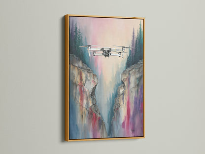 Drone flight artwork capturing a mountain cliff landscape. It is elegantly displayed in a gold frame. The aerial view photography brings a touch of luxury. This gold-framed artwork complements modern interiors. It makes a statement in any office or home setting.
