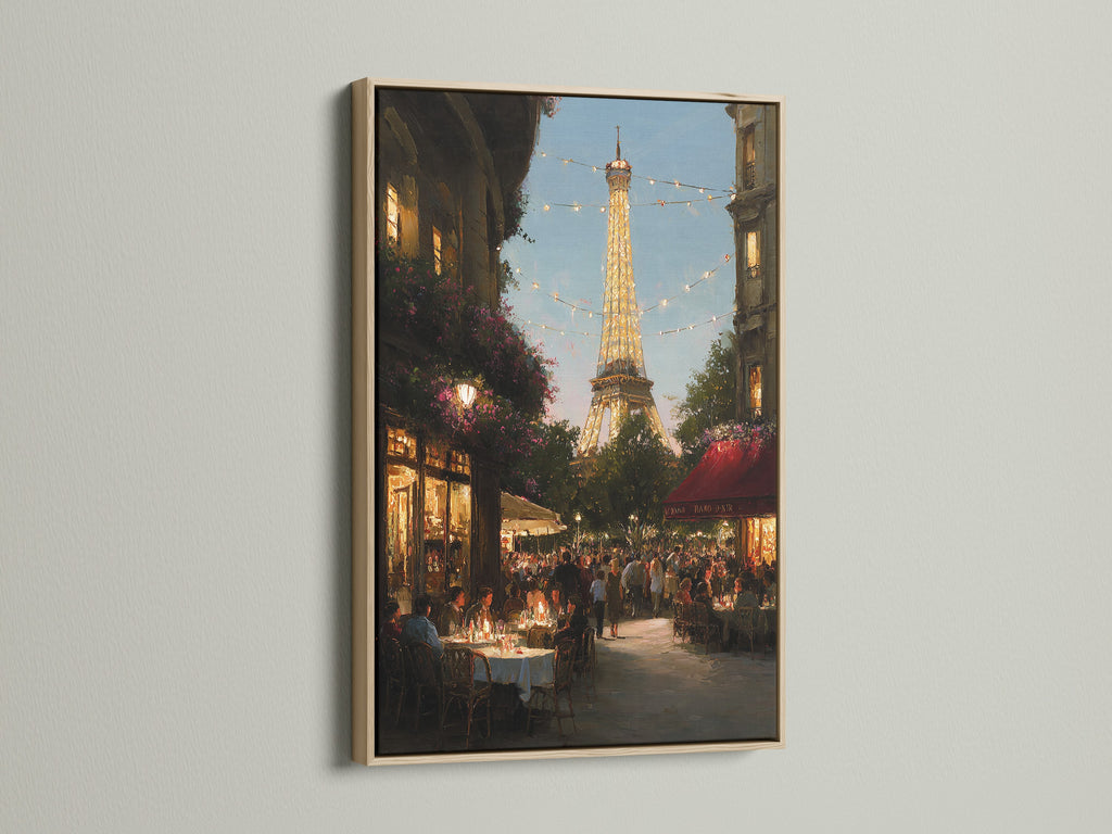This image showcases an oak frame. The artwork inside depicts the Eiffel Tower in Paris. The oak frame provides a natural and warm aesthetic enhancing the art piece. Find the perfect frame to match your style.
