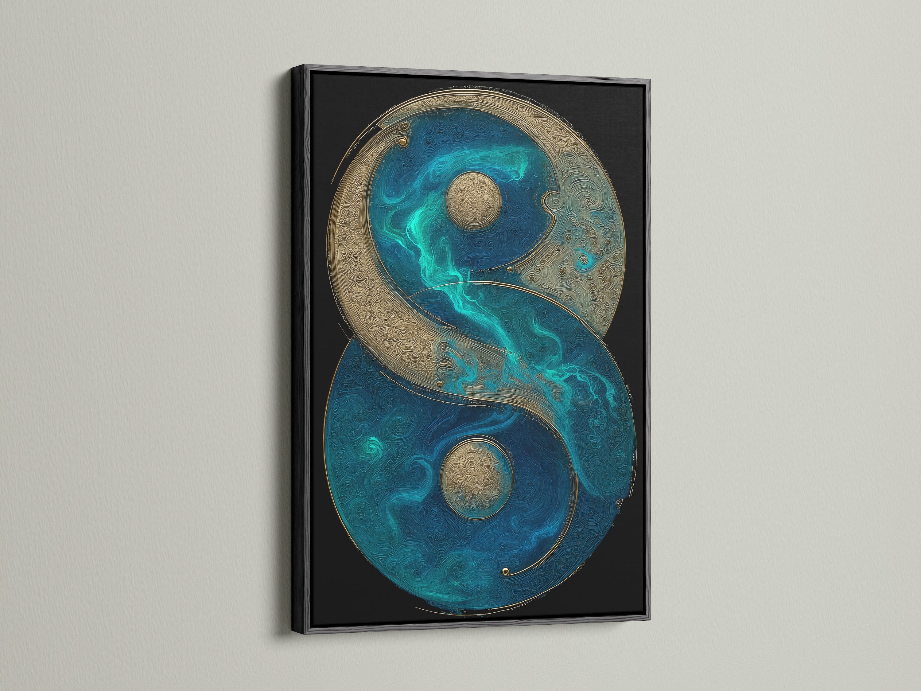 Zen balance symbol art in a black frame. The yin yang canvas features teal blue and gold elements. This spiritual wall art enhances any space. Great for meditation rooms or as feng shui art. A perfect mindfulness print for your home or studio.
