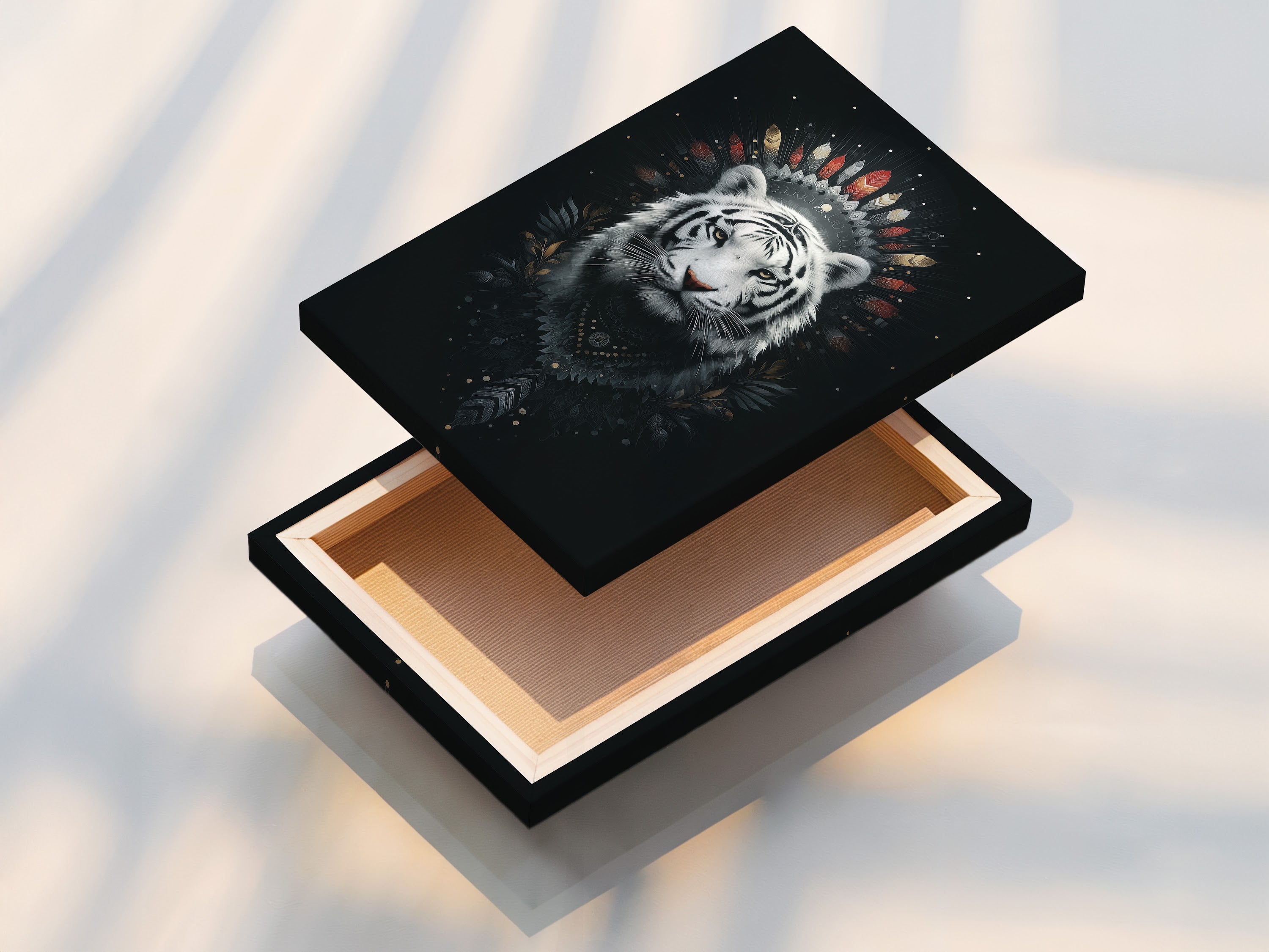 A stretched canvas print of the mystical white tiger artwork is displayed. The canvas texture enhances the tribal details and bohemian charm. Ready to hang this piece adds instant style to any room. Enjoy this stunning spiritual art in your home.