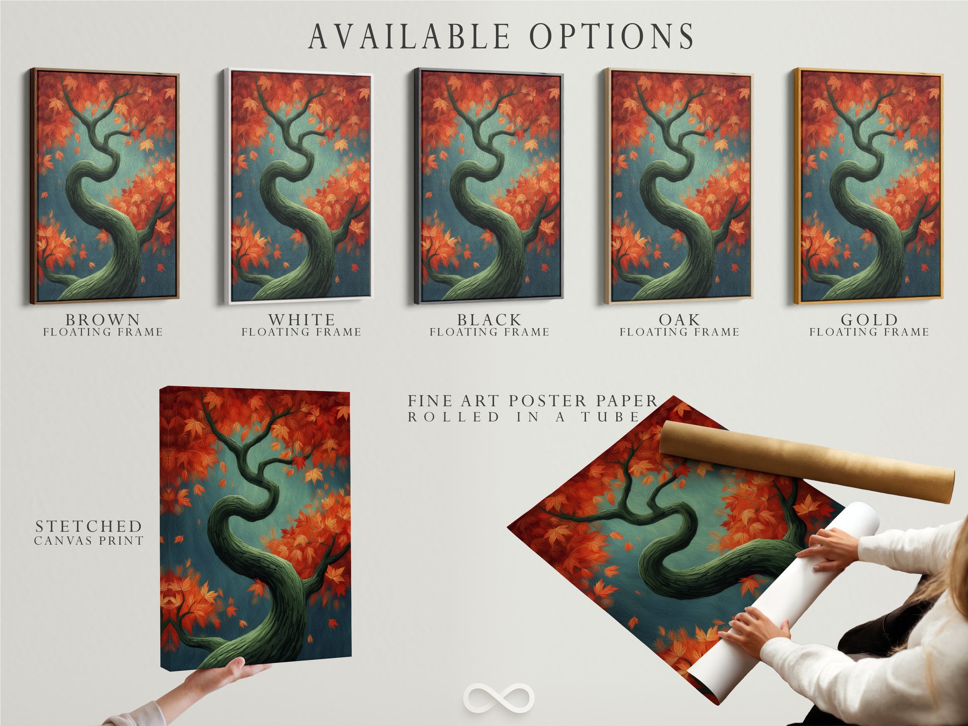 Explore available options for this Japanese style Autumn Tree artwork. Choices include a stretched canvas print fine art poster paper and floating frame. The fall foliage print adds a touch of nature to any room. Perfect for zen wall art.