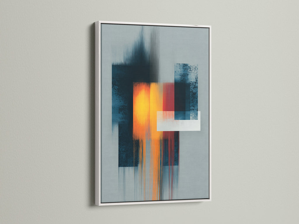 Modern abstract artwork in a white frame is mounted on a clean white wall. The contrast highlights the art's dynamic colors and shapes. White frames offer a fresh contemporary look. Elevate your space with framed art.