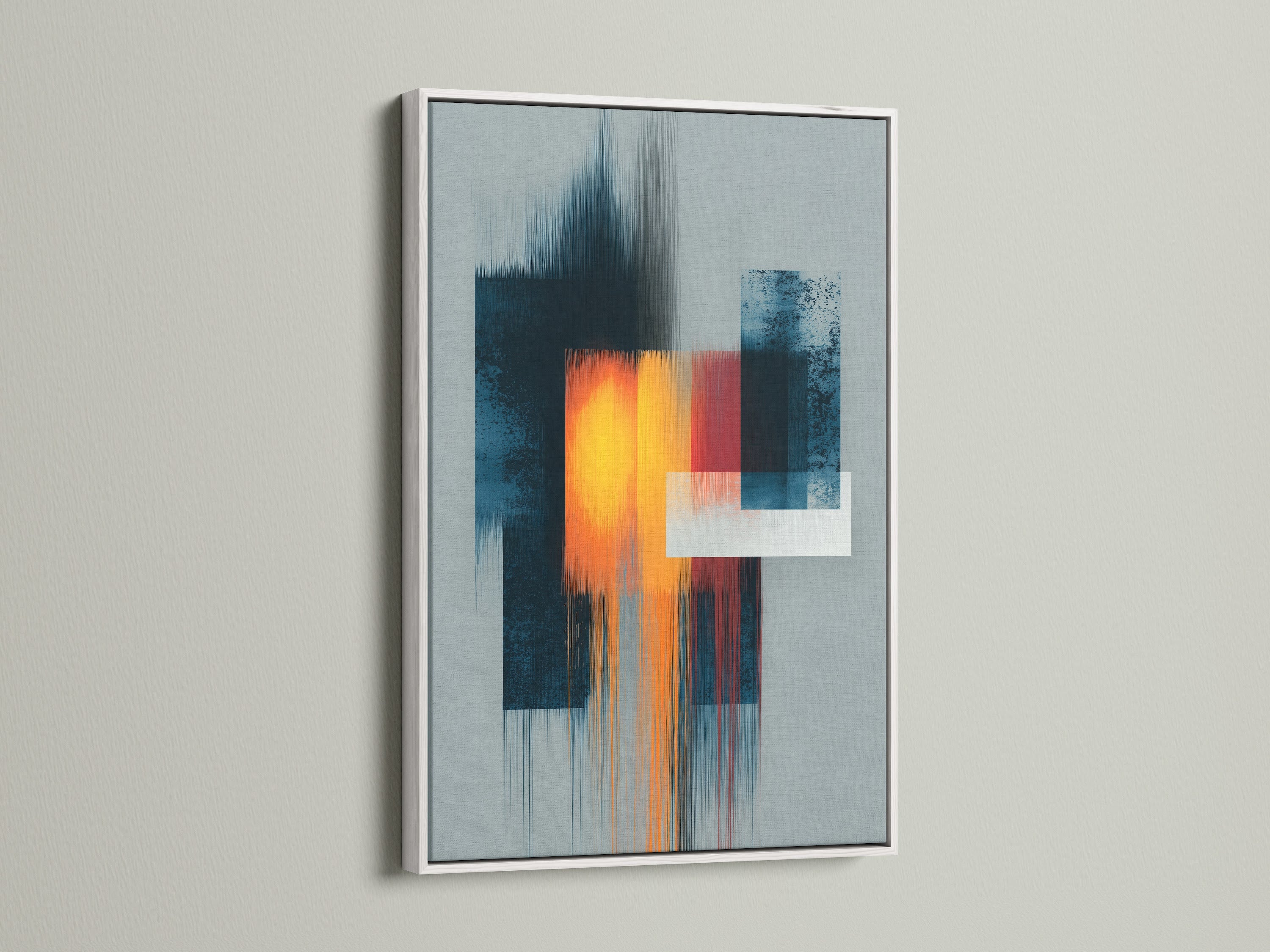 Modern abstract artwork in a white frame is mounted on a clean white wall. The contrast highlights the art's dynamic colors and shapes. White frames offer a fresh contemporary look. Elevate your space with framed art.