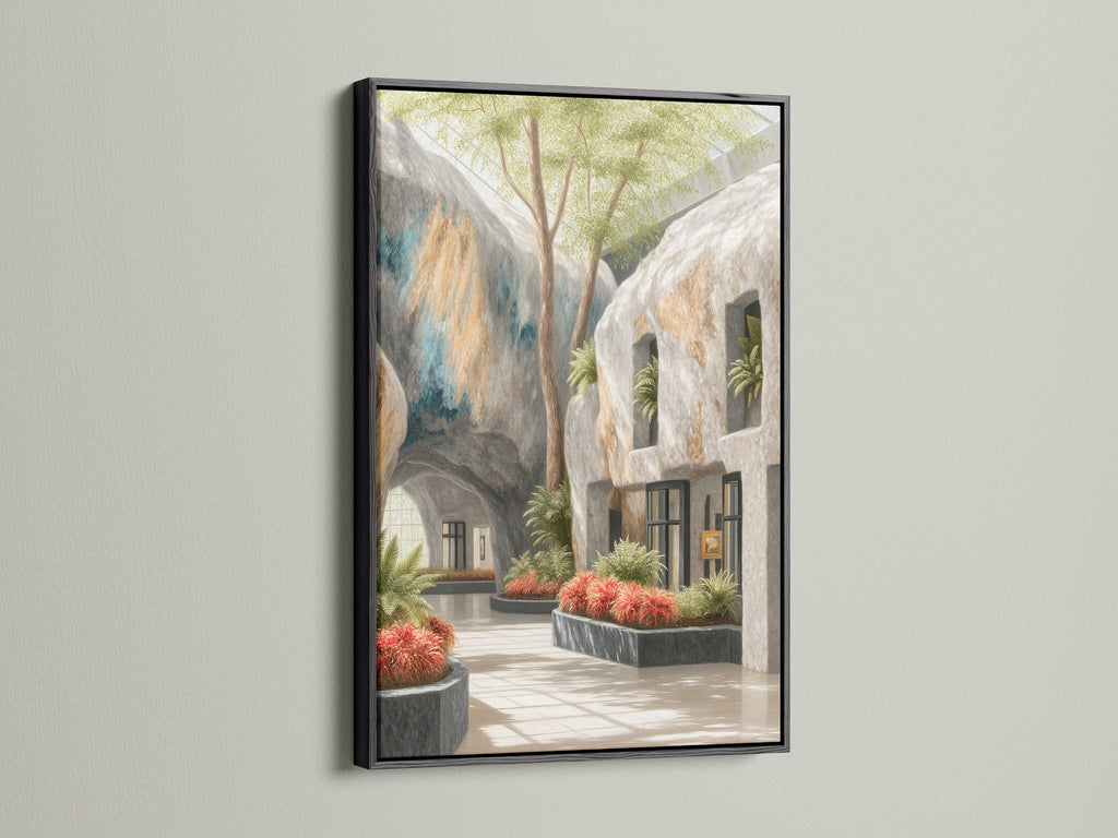 The Architectural Atrium artwork is framed in sleek black. This modern gallery artwork stands out. It's perfect as office wall decor. The sunlit courtyard print brings a sense of calm. The black frame adds a bold touch to the botanical garden art. Consider this architectural canvas.