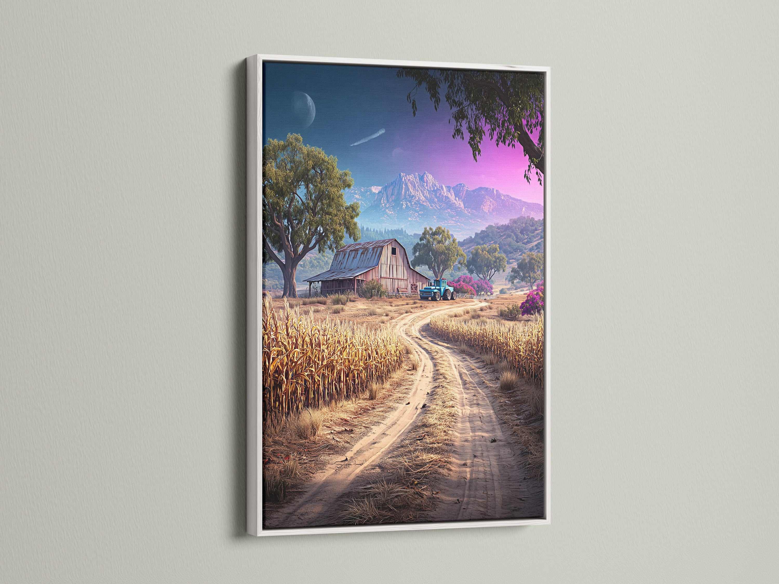 Farm Landscape artwork in a white frame. The print showcases a charming farm scene with a barn and cornfield. The rustic wall art enhances farmhouse decor. The countryside artwork is ideal for a dining room or living room. Bring the beauty of a rural landscape into your home with this art.