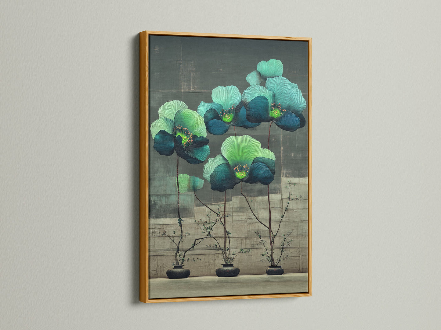 Modern floral botanical artwork with teal and green flowers displayed in a gold frame. The gold frame brings a luxurious and opulent feel. This flower artwork is perfect for adding a touch of glamour to your space.