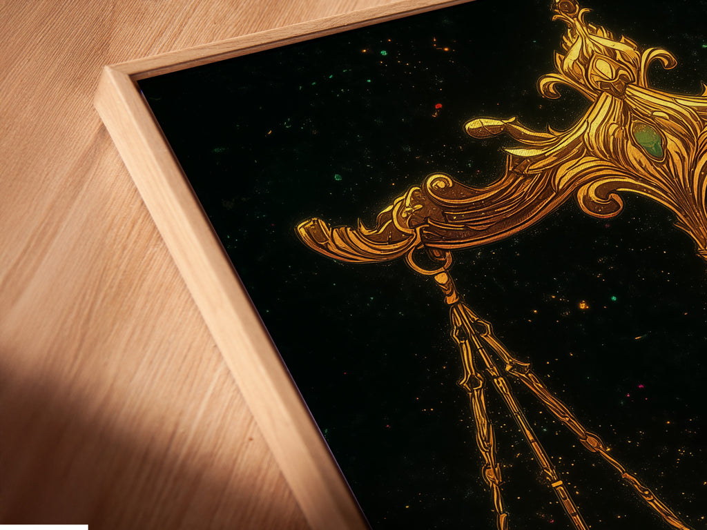 Experience the exquisite details of our Libra Zodiac Art Print. This angled close up showcases the canvas print in a floating frame. The scales of justice artwork is perfect for adding elegance to any room. Discover the beauty of celestial artwork.