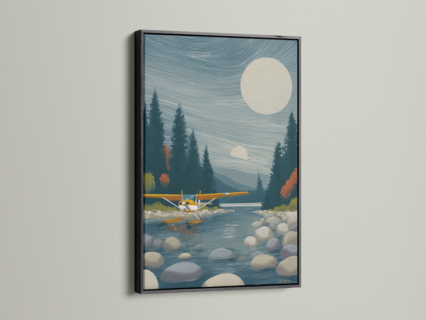 Seaplane canvas artwork in a black frame. Aviation wall artwork for cabin decor. This lake landscape artwork offers a modern touch. Great for living rooms offices and studios. A perfect blend of rustic charm and contemporary style for any space.