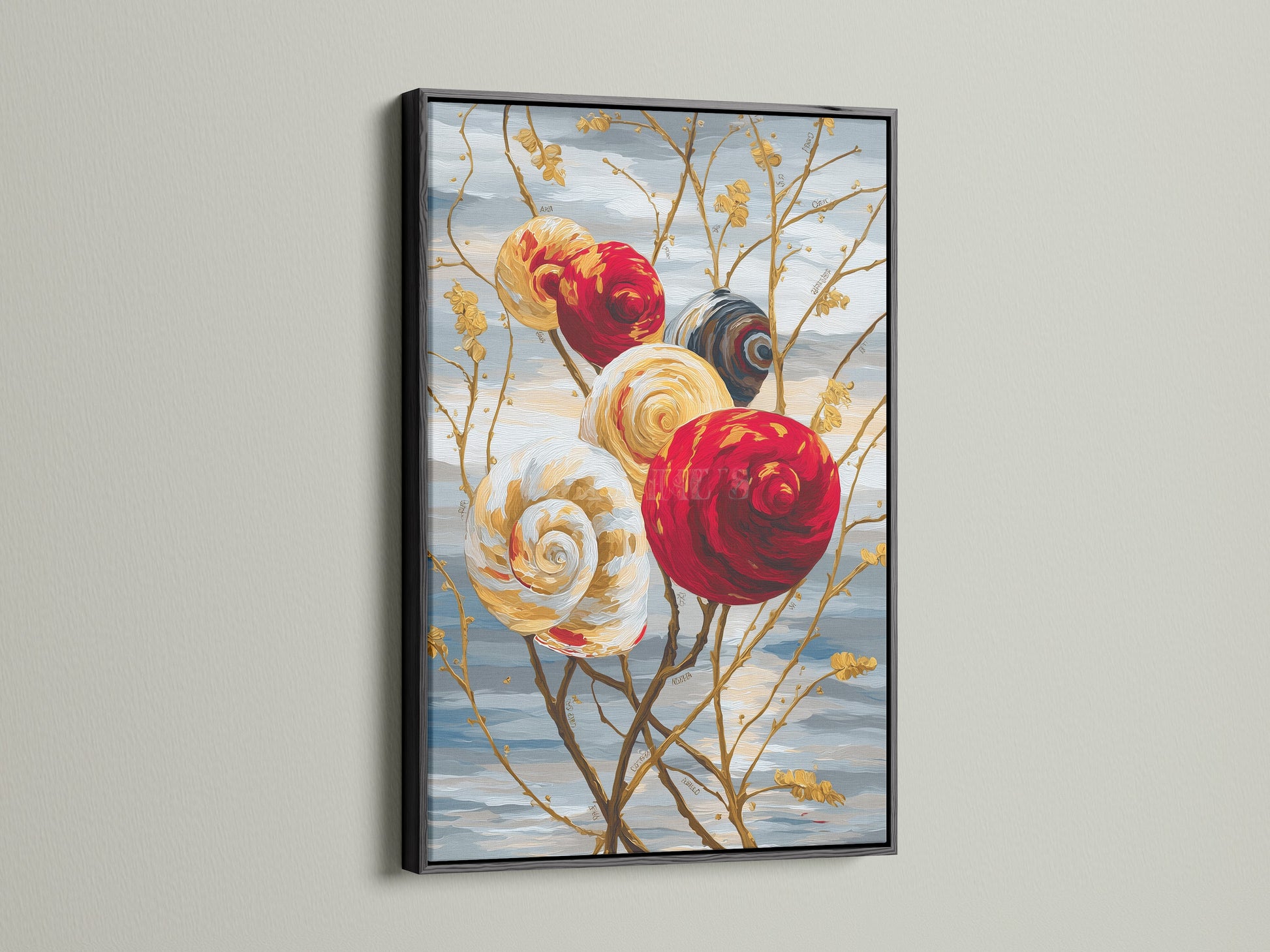 The spiral flower artwork is displayed in a black frame. The contrast makes the colors pop in this floral canvas art. A bold choice for modern art print lovers. Enhance your space today.